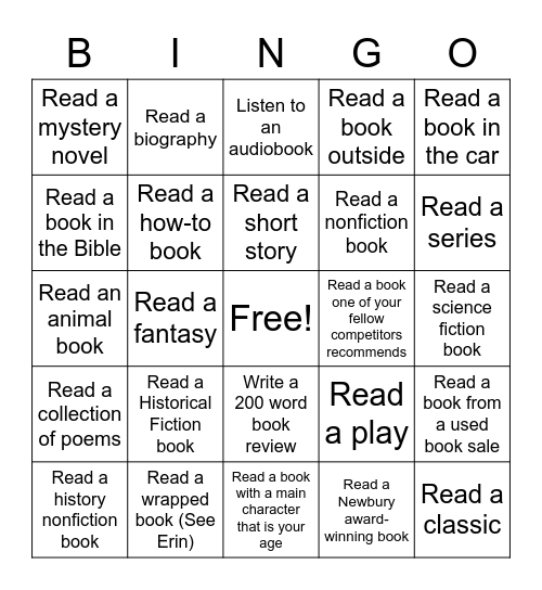 Summer Reading Program Bingo Card