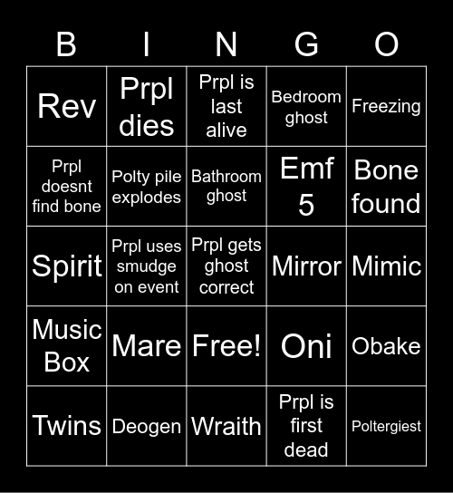 Phasmophobia Bingo Card