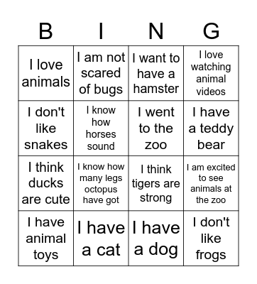 Animal Bingo! Bingo Card