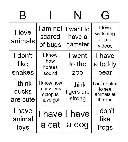 Animal Bingo! Bingo Card