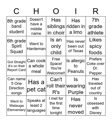 WARRIOR CHOIR BINGO!! Bingo Card