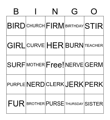 IR, ER, UR Bingo Card