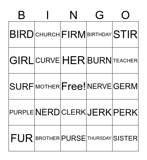 IR, ER, UR Bingo Card