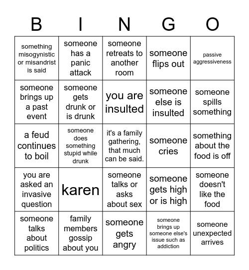 Family Gathering Bingo Card