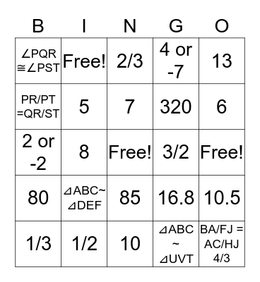 Similar Figure Bingo Card