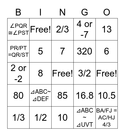 Similar Figure Bingo Card