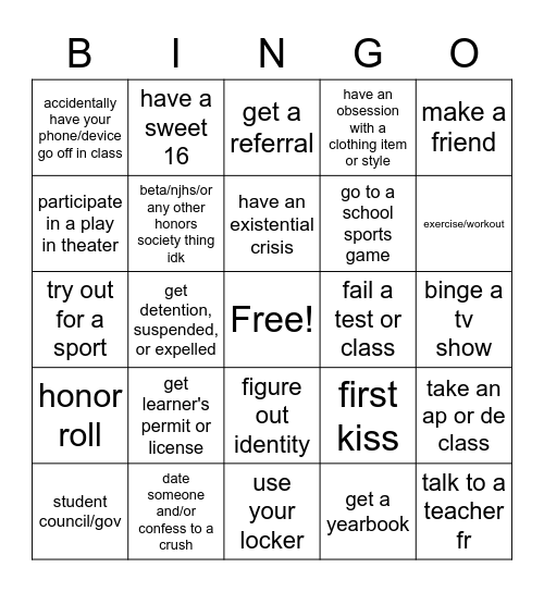 high school bingo/predictions (any grade) Bingo Card