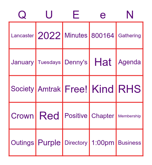 Queen's of Destiny Bingo Card