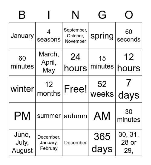 Measurement of Time Bingo Card