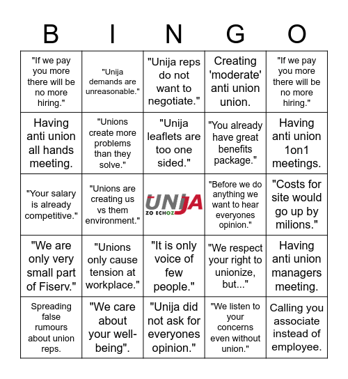 Do not fall for these standard anti union tactics Bingo Card