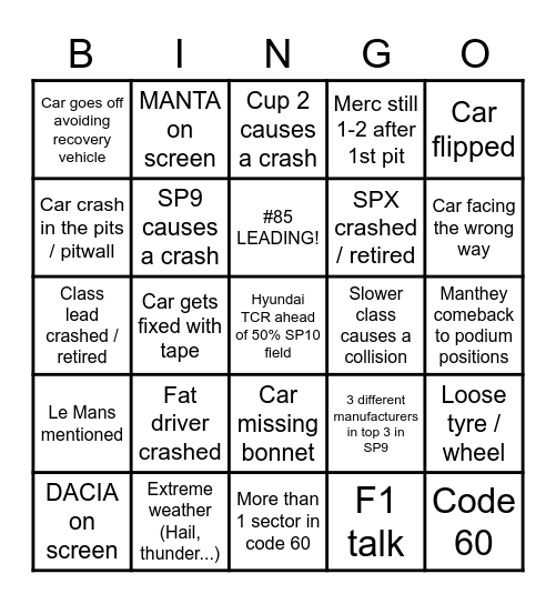 Nürburgring 24 Bingo Card