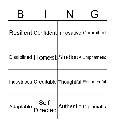 Positive Attributes Bingo Card