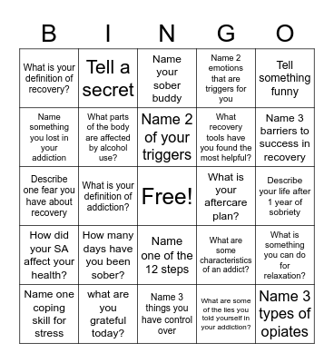 Recovery Bingo! Bingo Card