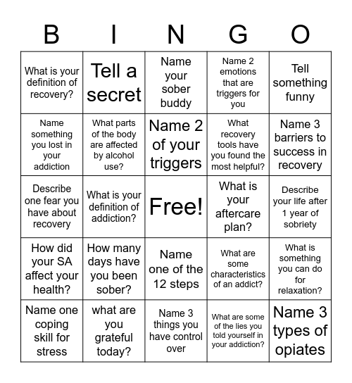 Recovery Bingo! Bingo Card