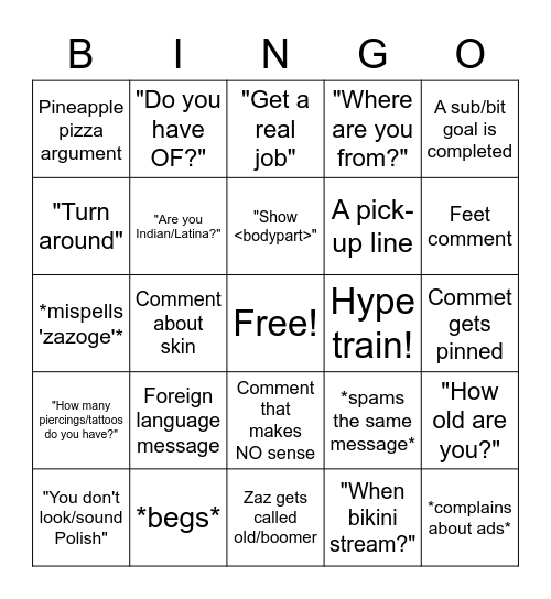 ZAZ BINGO - EXTRA ENTERTAINMENT DURING STREAM Bingo Card