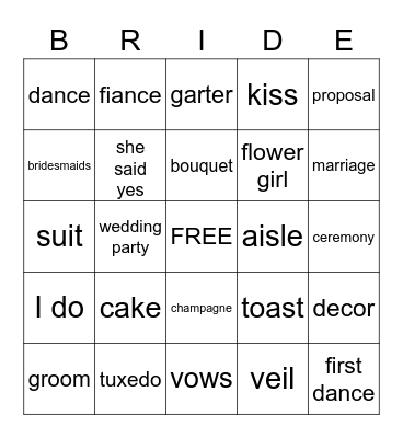 Bridal Bingo Card