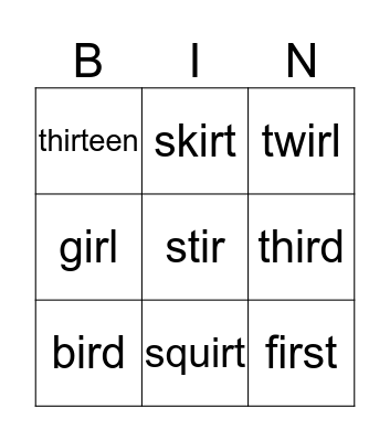 'ir'  Words Bingo Card