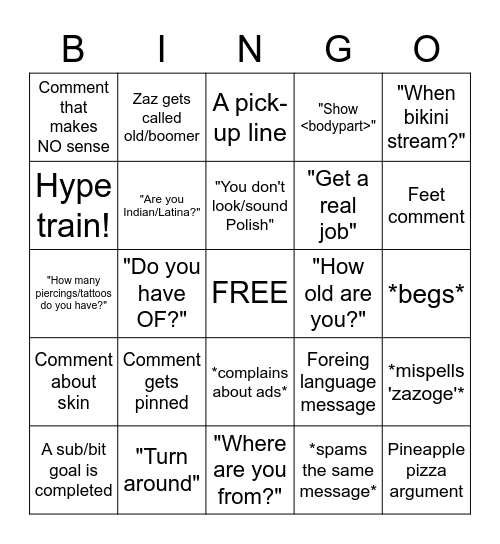 ZAZ BINGO Card