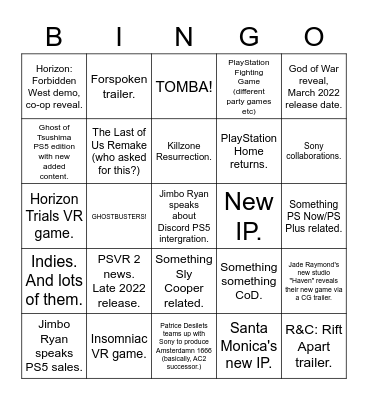 PlayStation Showcase Bingo Card