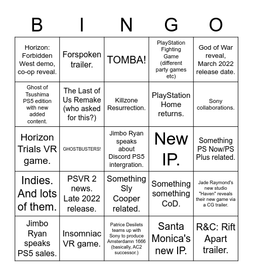 PlayStation Showcase Bingo Card