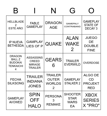 XBOX AND BETHESDA SHOWCASE Bingo Card