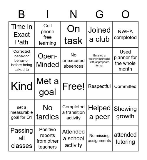Classroom Reward Bingo Month 1 Bingo Card