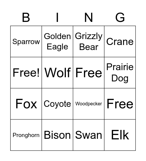Lewis & Clark Animals Bingo Card