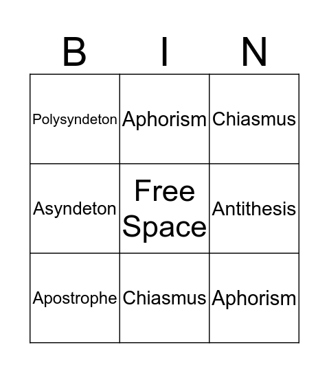 Rhetorical Terms Bingo Card