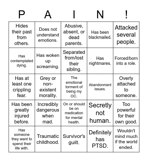 Suffering Bingo Card