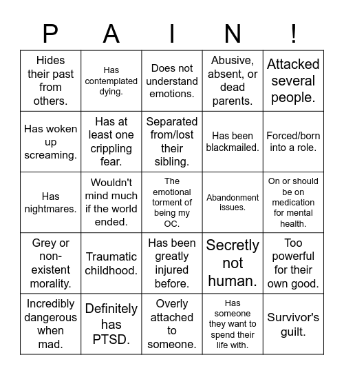 Suffering Bingo Card