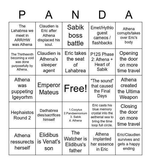 Kyren's Pandaemonium Finale Bingo Card