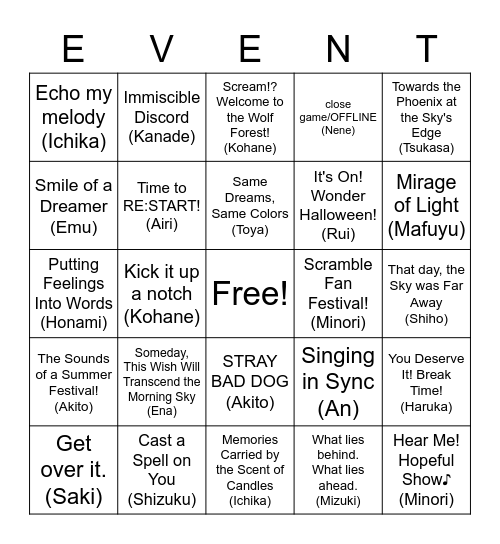 PJSK Event Bingo Card