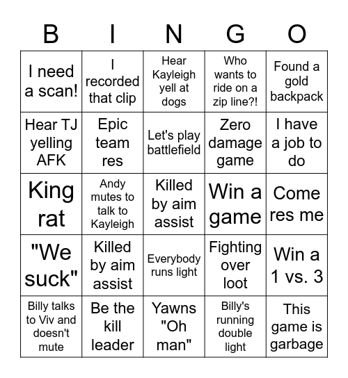 cousin game night Bingo Card