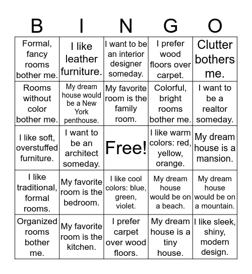 Housing Classmate Bingo Card