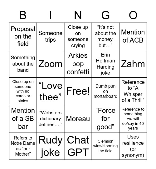 ND Commencement 2023 Bingo Card