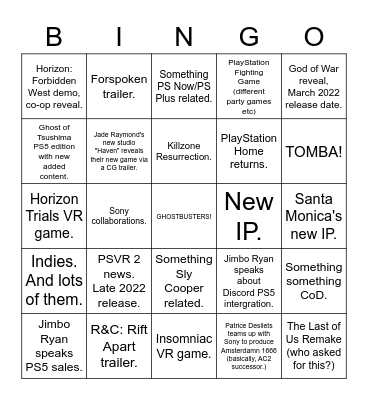 PlayStation Showcase Bingo Card