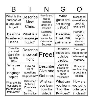 Criteria for Success Bingo Card