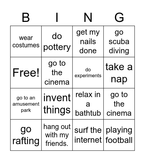 leisure time Bingo Card