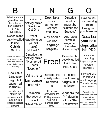 Criteria for Success  Bingo Card