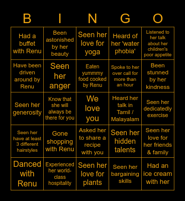Renu's 50th Birthday Bash Bingo Card