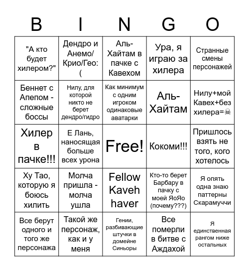 Геншин кооп Bingo Card