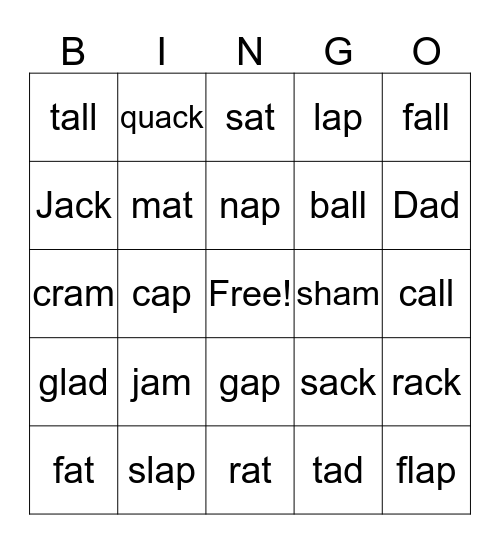 Word Family  Bingo Card