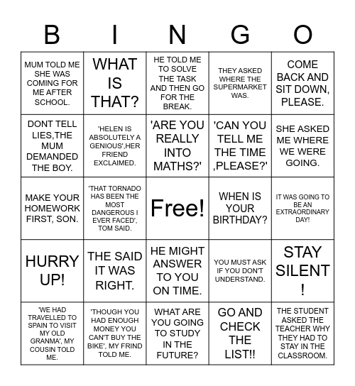 REPORTED SPEECH Bingo Card