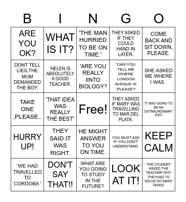 REPORTED SPEECH Bingo Card