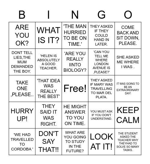 REPORTED SPEECH Bingo Card