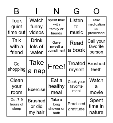 self-care Bingo Card