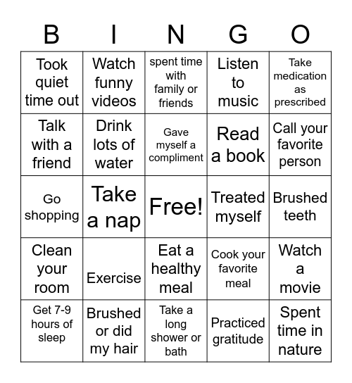 self-care Bingo Card