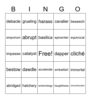 Vocabulary Set 1 Bingo Card