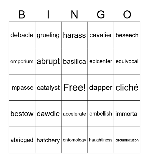 Vocabulary Set 1 Bingo Card