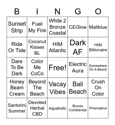 Sienna Tan Lotion Bingo Card